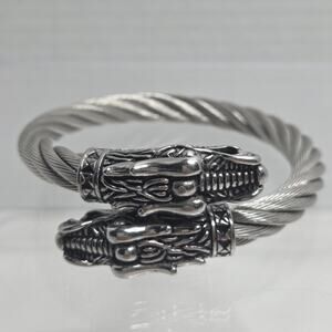 Stainless Steel Twisted Cable Double Dragon Head Cuff Bangle Bracelet